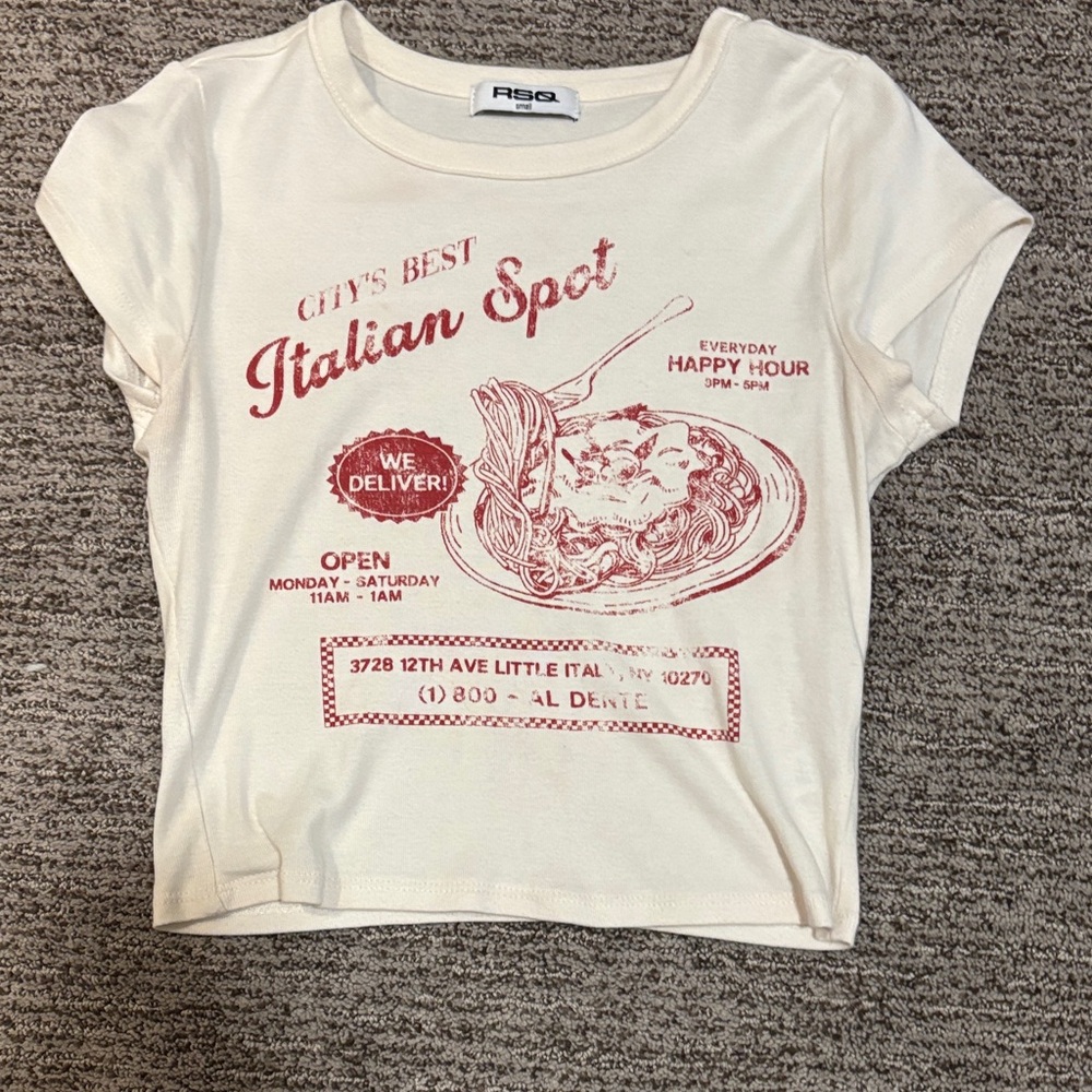 RSQ Cream Italian Graphic Crop Top Size Small | Vintage Style Tee